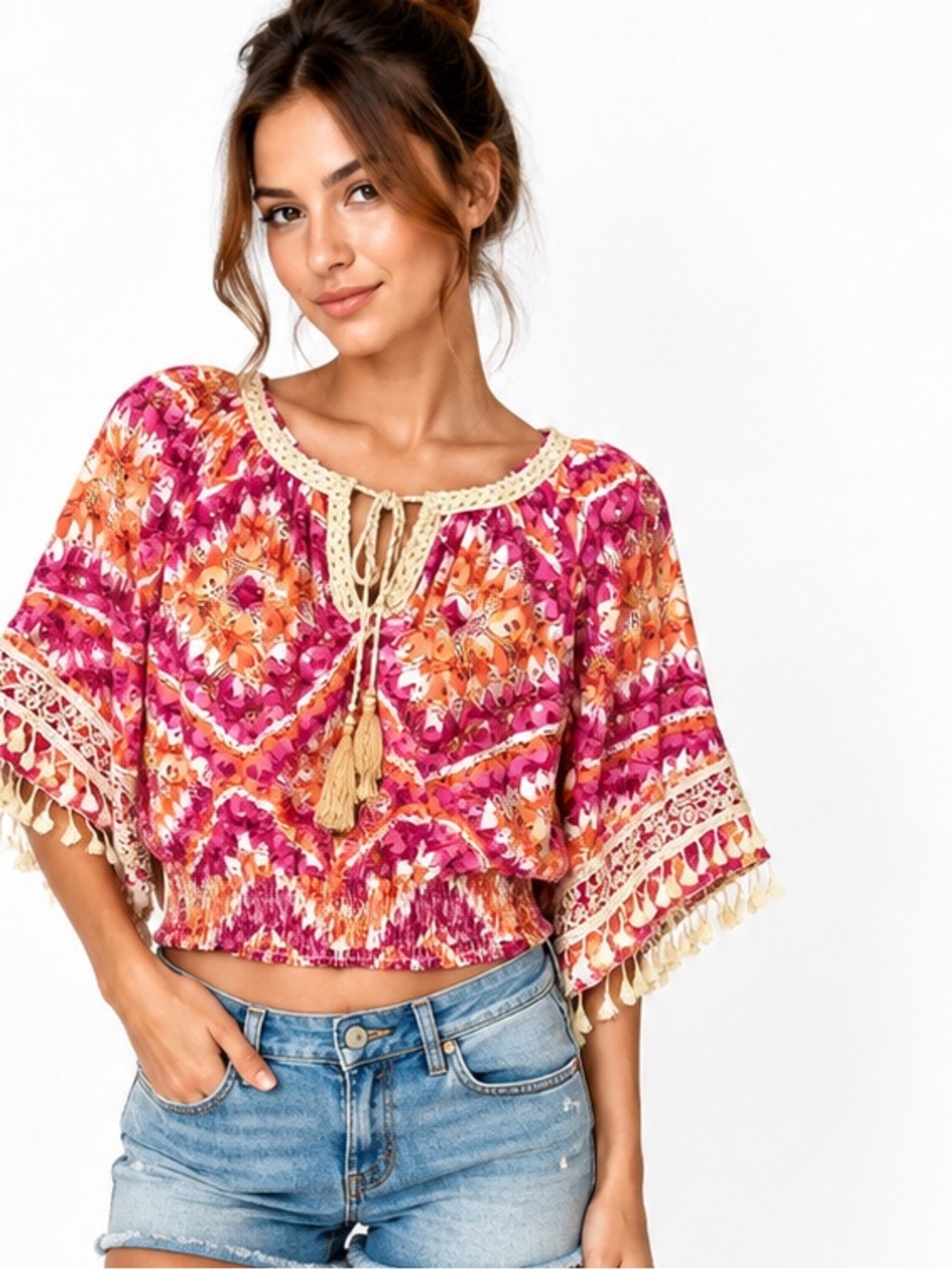 89S.From 🇮🇹 Italy Boho Tie-Front Crop Top in Pink & Orange new